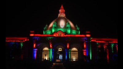 An illuminated Vidhan Bhawan ahead of Independence Day, in Lucknow. (deepak gupta/ht)