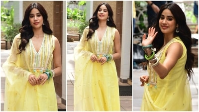 Raksha Bandhan 2022: You can dress up like Jahanvi kapoor in a pastel yellow anarkali suit. Anarkali suit looks elegant as well as stylish. Pair it up with a matching duppata and palazzo. Keep your hair open and complement it with makeup in pink tone. You can add some bangles and earring to complete the look. It can be a perfect Raksha Bandhan outfit. (HT Photo) Raksha Bandhan 2022: You can dress up like Jahanvi kapoor in a pastel yellow anarkali suit. Anarkali suit looks elegant as well as stylish. Pair it up with a matching duppata and palazzo. Keep your hair open and complement it with makeup in pink tone. You can add some bangles and earring to complete the look. It can be a perfect Raksha Bandhan outfit. (HT Photo)