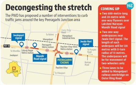 The PWD plans to add three lanes on either side of the Mangolpuri ROB on Outer Ring Road to de-clutter the congestion point. (HT Illustration) The PWD plans to add three lanes on either side of the Mangolpuri ROB on Outer Ring Road to de-clutter the congestion point. (HT Illustration)