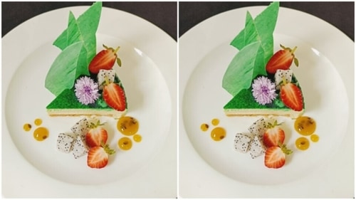 Kaffir Lime infused baked cheese cake with fresh exotic fruits Kaffir Lime infused baked cheese cake with fresh exotic fruits