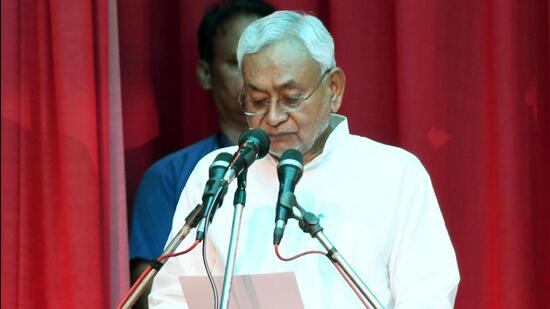 JD(U) leader Nitish Kumar takes oath as Bihar chief minister at Raj Bhawan, in Patna, on Wednesday.