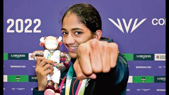 Nitu Ghanghas beat England’s Demie-Jade Resztan in the final of the women’s 48kg category, to win her maiden gold medal at the recent CWG 2022. (Photo: ANI)