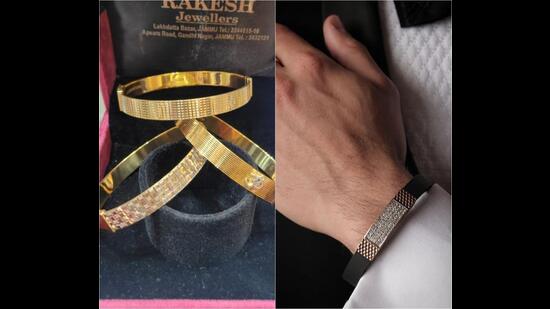 (L) Kada-style rakhi and (R) diamond bracelet rakhi at Rakesh Jewellers.