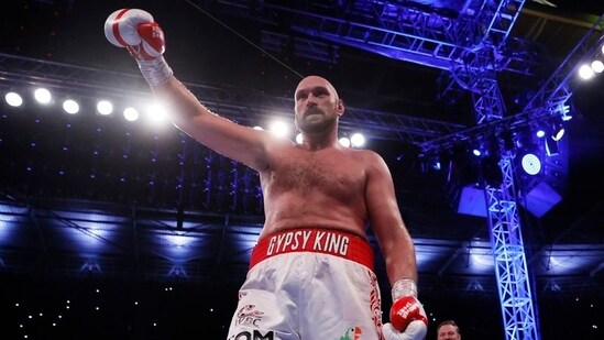 Tyson Fury celebrates winning his fight against Dillian Whyte(Reuters)