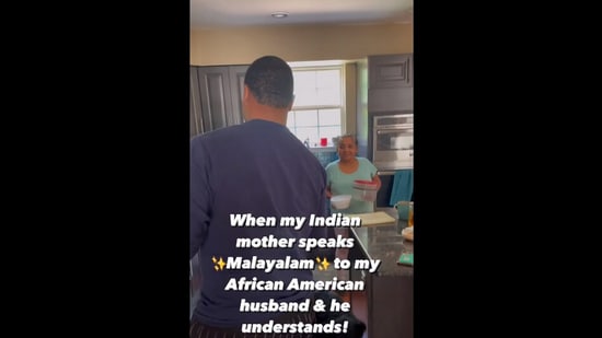 The image, taken from the viral Instagram video, shows the African-American man speaking with his mother-in-law in Malayalam.(Instagram/@jenovajuliannpryor)