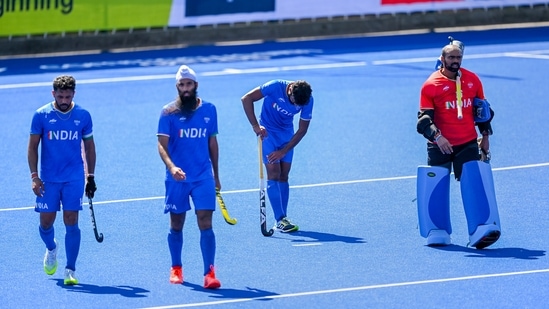 Harmanpreet Singh, Jarmanpreet Singh, Surender Kumar and PR Sreejesh after the end of men's hockey final between India and Australia.(PTI)