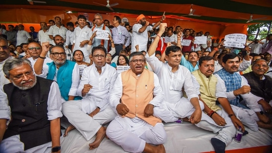 Bihar Bharatiya Janata Party chief Sanjay Jaiswal with senior leaders Ravishankar Prasad, Shushil Kumar Modi, Nityanand and others at a protest 'dharna' against the state's new 'Grand Alliance' government, in Patna, Wednesday. (PTI Photo)&nbsp;