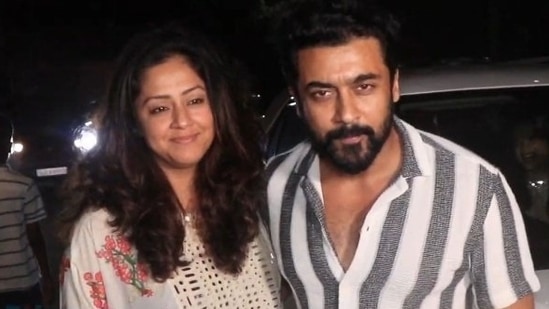 Jyotika and Suriya posed for paparazzi in Mumbai during a recent outing with their children.