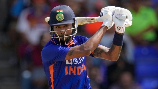 India's Hardik Pandya plays a shot against West Indies during the second T20(AP)