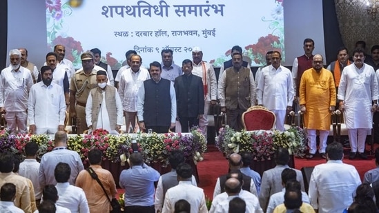 Maharashtra CM Eknath Shinde, deputy CM Devendra Fadnavis, Governor Bhagat Singh Koshyari and the newly-sworn in ceremony of the state cabinet held at Raj Bhavan in Mumbai, India, on Tuesday, August 9, 2022. (Photo by Satish Bate/Hindustan Times) Maharashtra CM Eknath Shinde, deputy CM Devendra Fadnavis, Governor Bhagat Singh Koshyari and the newly-sworn in ceremony of the state cabinet held at Raj Bhavan in Mumbai, India, on Tuesday, August 9, 2022. (Photo by Satish Bate/Hindustan Times)