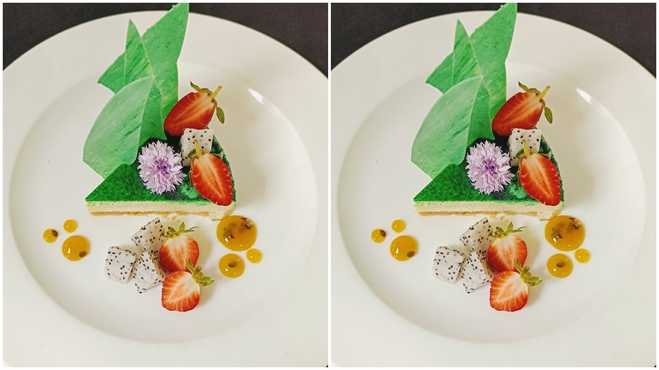 Kaffir Lime infused baked cheese cake with fresh exotic fruits