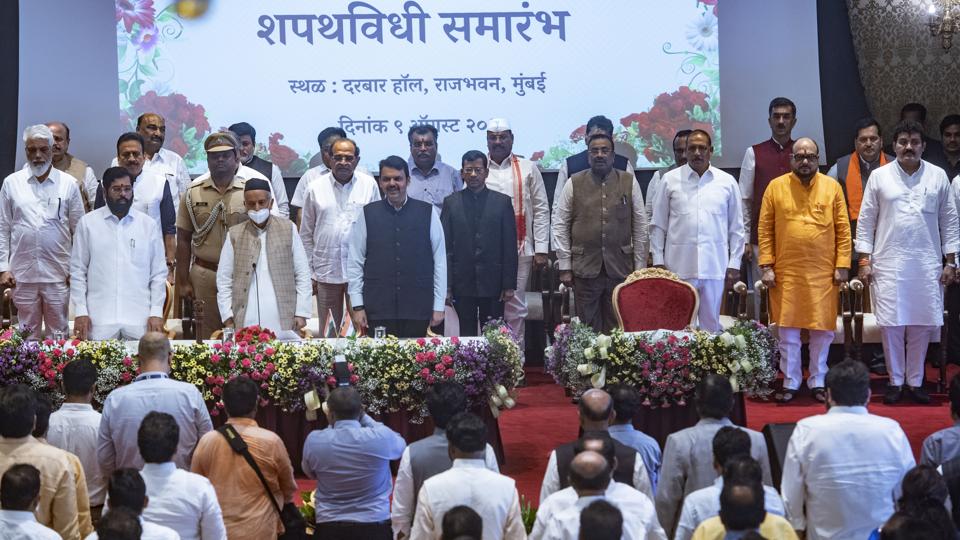 Maharashtra CM Eknath Shinde, deputy CM Devendra Fadnavis, Governor Bhagat Singh Koshyari and the newly-sworn in ceremony of the state cabinet held at Raj Bhavan in Mumbai, India, on Tuesday, August 9, 2022. (Photo by Satish Bate/Hindustan Times) Maharashtra CM Eknath Shinde, deputy CM Devendra Fadnavis, Governor Bhagat Singh Koshyari and the newly-sworn in ceremony of the state cabinet held at Raj Bhavan in Mumbai, India, on Tuesday, August 9, 2022. (Photo by Satish Bate/Hindustan Times)