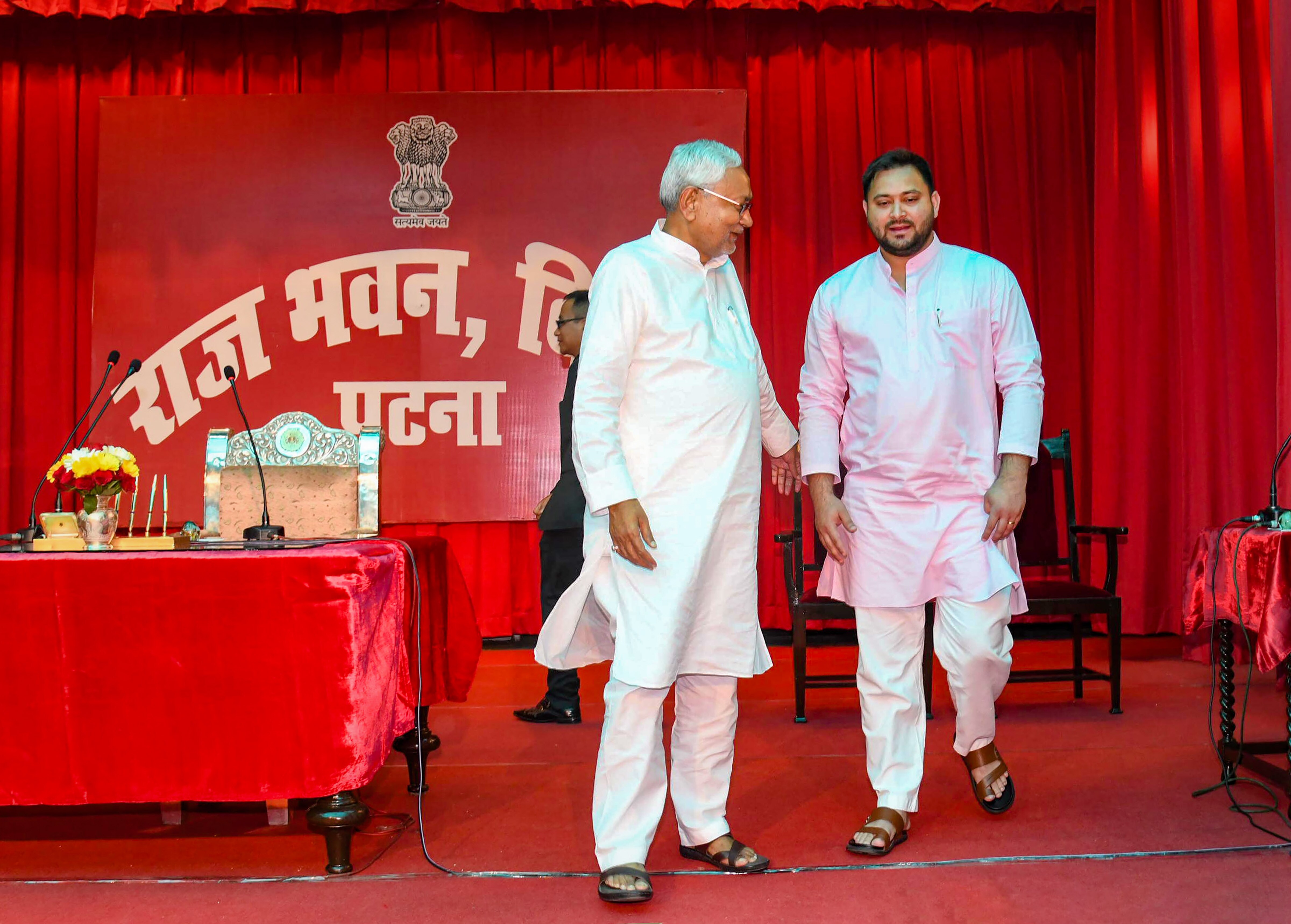 Bihar chief minister Nitish Kumar with deputy chief minister Tejashwi Yadav during the oath taking oath, at Raj Bhavan in Patna, Wednesday, August 10, 2022. (PTI Photo) Bihar chief minister Nitish Kumar with deputy chief minister Tejashwi Yadav during the oath taking oath, at Raj Bhavan in Patna, Wednesday, August 10, 2022. (PTI Photo)