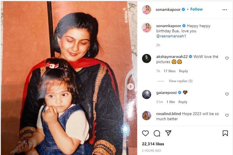 Sonam captioned the post, "Happy happy birthday Bua (aunt).. love you @reenamarwah1."