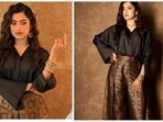 Rashmika Mandanna has been garnering positive responses for her film Sita Ramam which also stars Dalquer Salmaan and Mrunal Thakur in lead roles. The actor has often made impeccable style statements with her sartorial wardrobe choices. In a few recent still shared on her Instagram, the actor redefined elegance in a black satin top which she teamed with bronze brocade pants.(Instagram/@nehasarkar04)