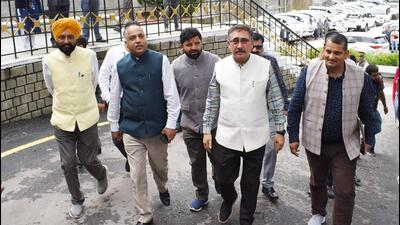 Chief minister Jai Ram Thakur along with Vidhan Sabha Speaker Vipin Parmar and other MLAs arrives to attend the monsoon session of HImachal assembly in Shimla on Thursday. (Deepak Sansta/Hindustan Times) Chief minister Jai Ram Thakur along with Vidhan Sabha Speaker Vipin Parmar and other MLAs arrives to attend the monsoon session of HImachal assembly in Shimla on Thursday. (Deepak Sansta/Hindustan Times)