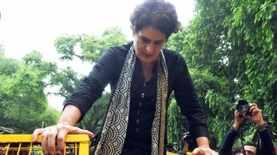 Priyanka Gandhi Vadra on August 5 at the Congress protest against price rise and unemployment. She tested Covid positive on Wednesday. Priyanka Gandhi Vadra on August 5 at the Congress protest against price rise and unemployment. She tested Covid positive on Wednesday. 