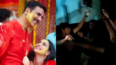 Akshay Kumar fans dance along to the song playing onscreen while watching Raksha Bandhan. Akshay Kumar fans dance along to the song playing onscreen while watching Raksha Bandhan.