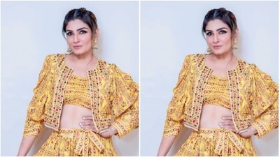 Raveena teamed a yellow blouse printed in minimal patterns in multiple colours with a long flowy yellow skirt. She added more drama to her look with a cropped yellow jacket with puffed sleeves and moti details at the borders. (Instagram/@officialraveenatandon)