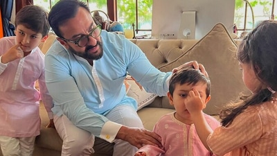 Taimur Ali Khan, Saif Ali Khan, Jehangir Ali Khan, and Inaaya Kemmu in a picture from their Raksha Bandhan celebrations. Taimur Ali Khan, Saif Ali Khan, Jehangir Ali Khan, and Inaaya Kemmu in a picture from their Raksha Bandhan celebrations.
