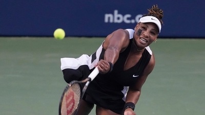 Serena Williams, of the United States, serves to Belinda Bencic, of Switzerland, during the National Bank Open tennis tournament Wednesday, Aug. 10, 2022, in Toronto. (AP) Serena Williams, of the United States, serves to Belinda Bencic, of Switzerland, during the National Bank Open tennis tournament Wednesday, Aug. 10, 2022, in Toronto. (AP)