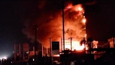 The massive fire breaks out at a hotel in Gujarat's Jamnagar on Thursday evening. The massive fire breaks out at a hotel in Gujarat's Jamnagar on Thursday evening.