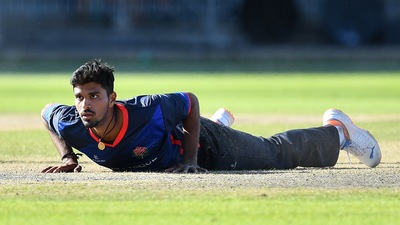 Washington Sundar injured his shoulder during a Royal London One-Day Championship encounter (Twitter/lancscricket) Washington Sundar injured his shoulder during a Royal London One-Day Championship encounter (Twitter/lancscricket)