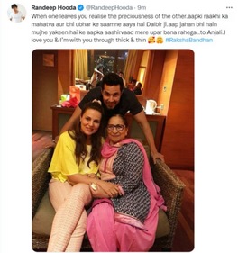 Randeep Hooda writes a post for his sister Anjali Hooda and rakhi sister Dalbir Kaur. Randeep Hooda writes a post for his sister Anjali Hooda and rakhi sister Dalbir Kaur.