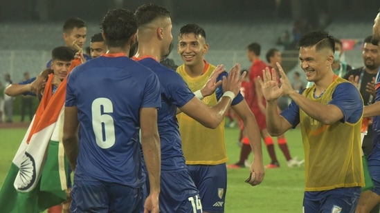 Sunil Chhetri celebrates with the Indian team after their AFC Asian Cup 2023 Qualifier Final Round match against Hong Kong at Salt Lake Stadium in Kolkata. (Samir Jana/HT Photo)