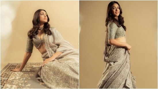 Mrunal Thakur ups her ethnic fashion game as she twirls in this silver colour sequins lehenga set by Jayanti Reddy.(Instagram/@mrunalthakur)