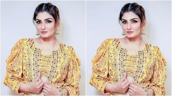 In statement yellow jhumkas and bangles from the house of PNG Jewellers, Raveena further accessorised her look for the day.(Instagram/@officialraveenatandon)