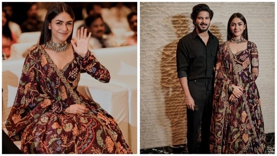 Dulquer Salmaan and Mrunal Thakur's film Sita Ramam has been receiving a lot of positive responses from moviegoers. The actors dedicatedly promoted their film which was released on August 5. The duo recently attended an event in Hyderabad in stylish fits. Mrunal was disguised as a princess in her maroon embroidered anarkali set while Dulquer complemented her in a black shirt and pants.(Instagram/@mrunalthakur)