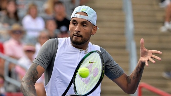 Montreal, QC, Canada; Nick Kyrgios (AUS) hits a backhand against Daniil Medvedev (not pictured) in second round play at IGA Stadium.(USA TODAY Sports)
