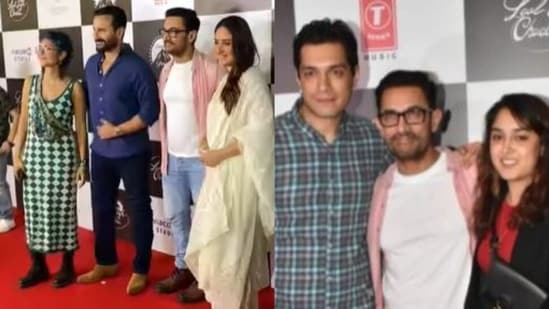 Aamir Khan at the Laal Singh Chaddha premiere with Kiran Rao, Junaid Khan, Ira Khan, Kareena Kapoor and Saif Ali Khan.