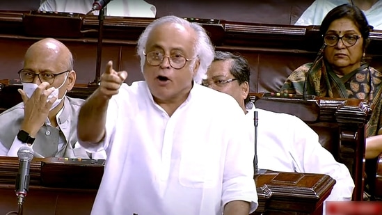 Congress MP Jairam Ramesh speaks in the Rajya Sabha during the monsoon session of Parliament.  (ANI Photo/ SansadTV)(ANI)