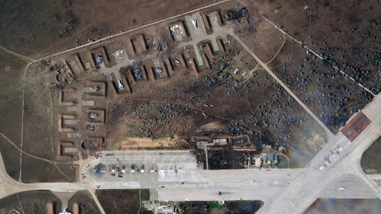 This satellite image provided by Planet Labs PBC shows destroyed Russian aircraft at Saki Air Base after an explosion Tuesday, August 9, 2022, in the Crimean Peninsula, the Black Sea peninsula seized from Ukraine by Russia and annexed in March 2014. (Planet Labs PBC via AP)(AP)