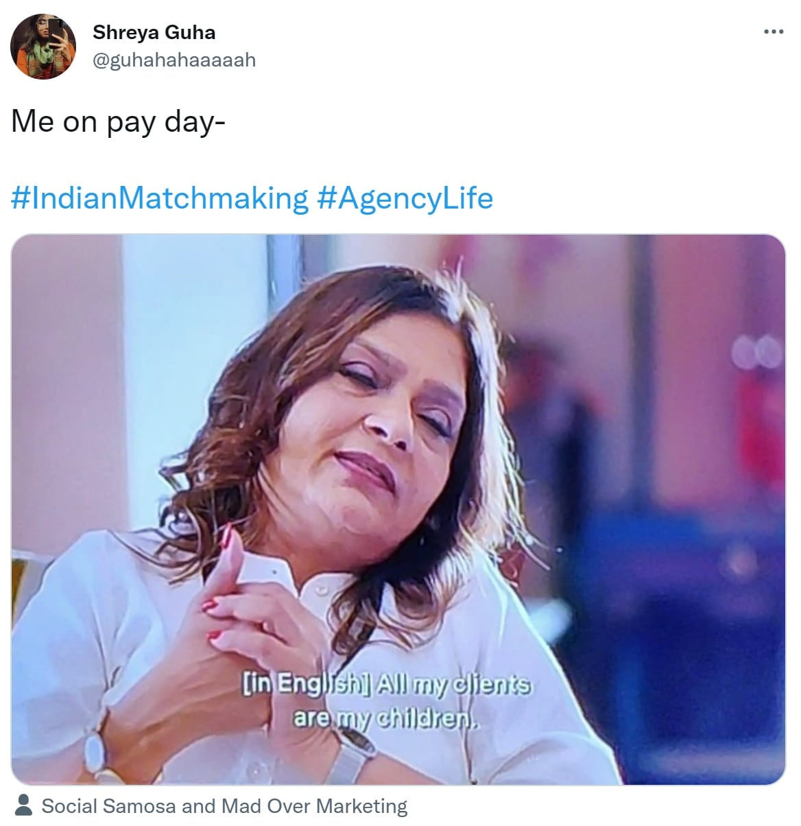 A screengrab of a tweet shared by an individual on seson 2 of popular Netflix show Indian Matchmaking.&nbsp;(Twitter/@Shreya Guha)