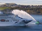 The Pacific Explorer sails into the Waitemata Harbour, in Auckland, New Zealand, Friday, Aug. 12, 2022. New Zealand has welcomed the first cruise ship to return since the coronavirus pandemic began, signalling a long-sought return to normalcy for the nation's tourism industry. (AP)