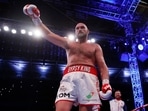 Tyson Fury celebrates winning his fight against Dillian Whyte
