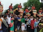 The first batch of nine elephants have already arrived at Mysuru palace on August 10. (Twitter) The first batch of nine elephants have already arrived at Mysuru palace on August 10. (Twitter)