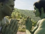 Mark Ruffalo as the Hulk and Tatiana Maslany as She-Hulk in a still from She-Hulk: Attorney at Law. Mark Ruffalo as the Hulk and Tatiana Maslany as She-Hulk in a still from She-Hulk: Attorney at Law.