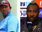 Windies coach Phil Simmons; Andre Russell Windies coach Phil Simmons; Andre Russell