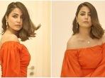 Hina Khan serves the cutest party look in an off-shoulder orange bodycon dress in new pics (Instagram) Hina Khan serves the cutest party look in an off-shoulder orange bodycon dress in new pics (Instagram)