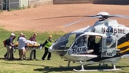 Videograb from aTwitter user showing Salman Rushdie being loaded onto a medical evacuation helicopter at Chautauqua, New York.&nbsp;
