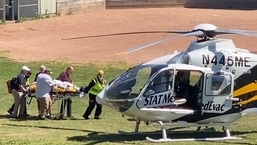 Video from a Twitter user showed Salman Rushdie being loaded into a medical evacuation helicopter in Chautauqua, New York.