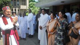 Diocese’s bishop Rev Ignatius Mascarenhas, along with priests and nuns of various Catholic institutions, welcomed Vatican ambassador to India Rev Archbishop Leopoldo Girelli at the Christ the King Cathedral, Sector 19, Chandigarh. (Ravi Kumar/ HT)