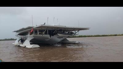The Swiss yacht, MS Porrima, from where five crew members were rescued in Alibag. (HT PHOTO) The Swiss yacht, MS Porrima, from where five crew members were rescued in Alibag. (HT PHOTO)