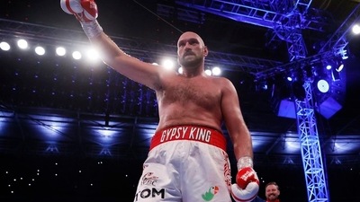 Tyson Fury celebrates winning his fight against Dillian Whyte (Reuters)