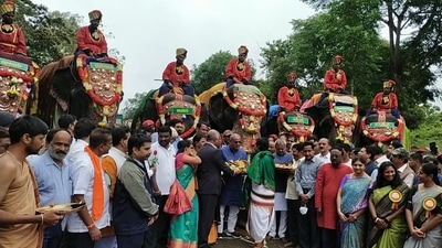 The first batch of nine elephants have already arrived at Mysuru palace on August 10.&nbsp; (Twitter)