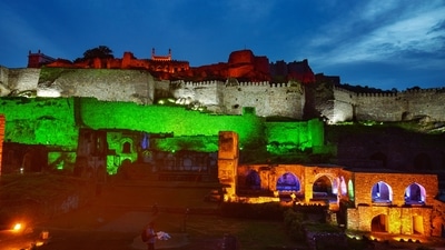 Golconda fort illuminated with tricolor ahead of the Independence Day celebrations in Hyderabad, Wednesday, Aug. 10, 2022. (PTI)